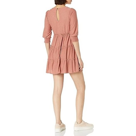 Speechless Women Swiss Dot Tiered Dress 3/4 Sleeve Back Keyhole Rust Size Small - Picture 2 of 8